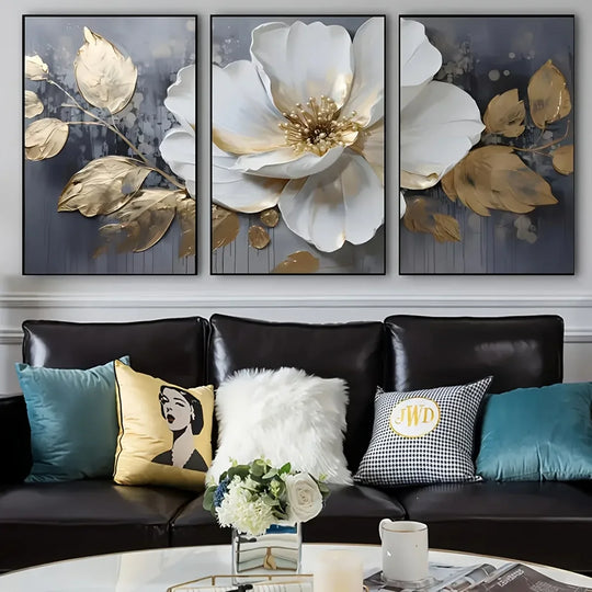 Set of 3 Golden White Floral Abstract Canvas Wall Art