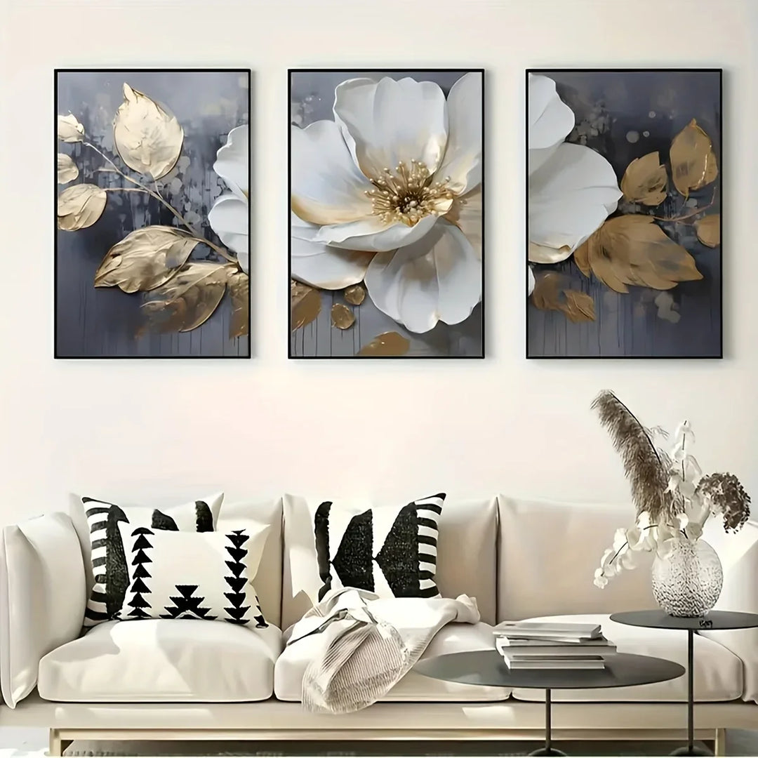 Set of 3 Golden White Floral Abstract Canvas Wall Art