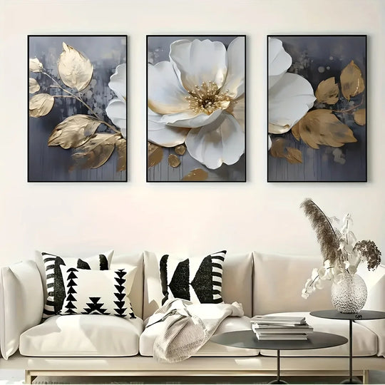 Set of 3 Golden White Floral Abstract Canvas Wall Art