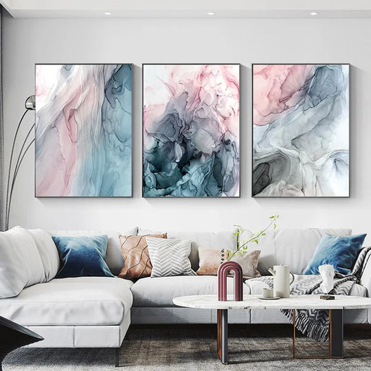 Blue Pink Liquid Marble Abstract Canvas Wall Art Set of 3
