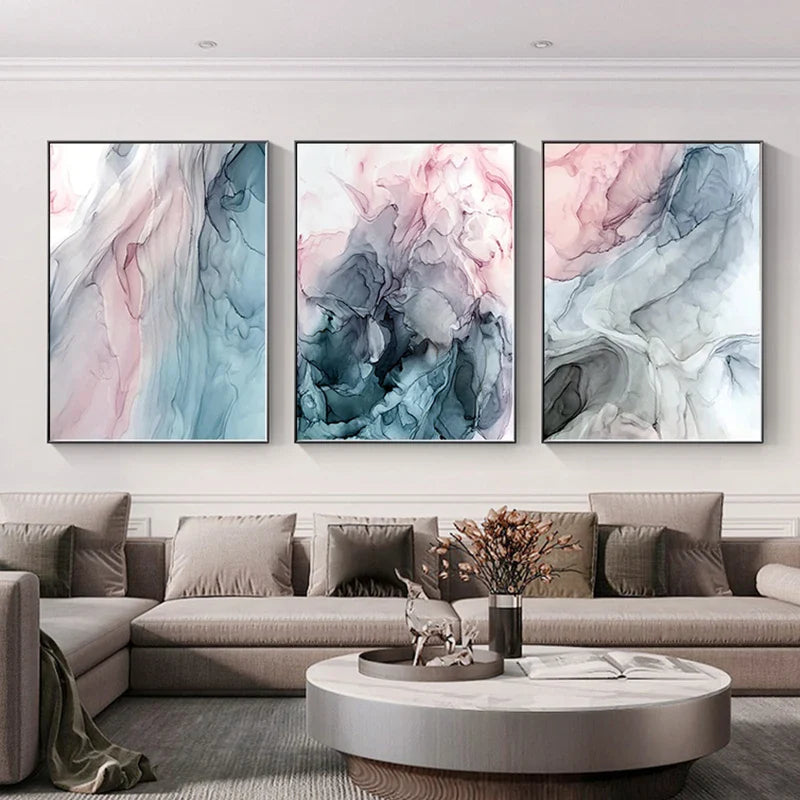 Blue Pink Liquid Marble Abstract Canvas Wall Art Set of 3