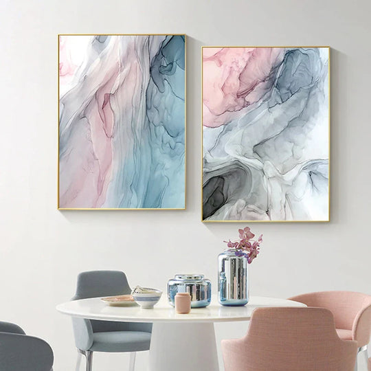 Blue Pink Liquid Marble Abstract Canvas Wall Art Set of 3