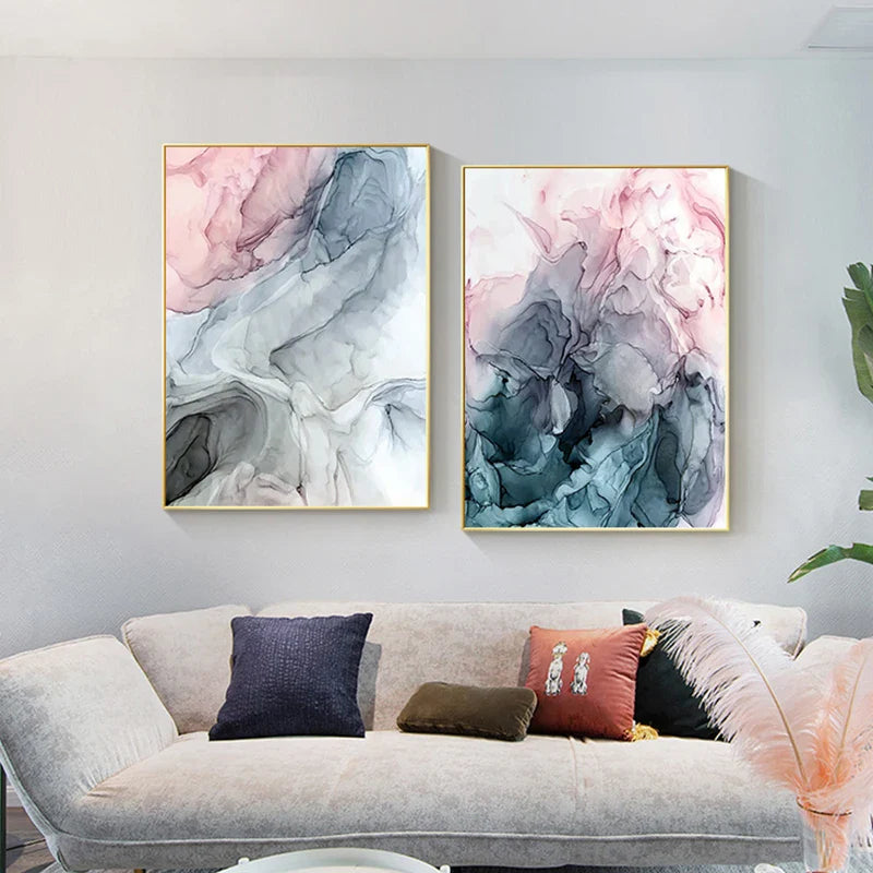 Blue Pink Liquid Marble Abstract Canvas Wall Art Set of 3