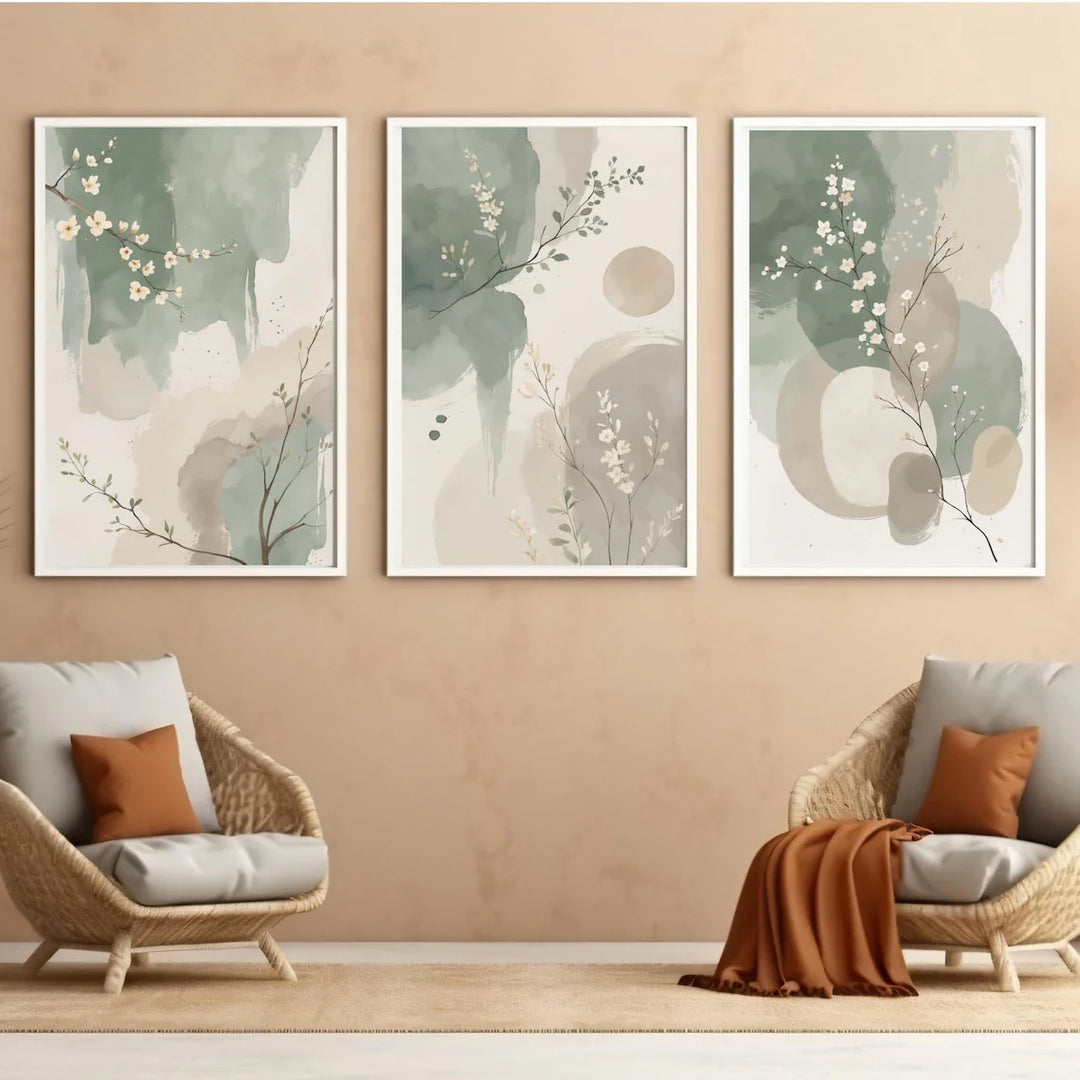 Green Beige Blossom Floral Abstract Canvas Wall Art Set