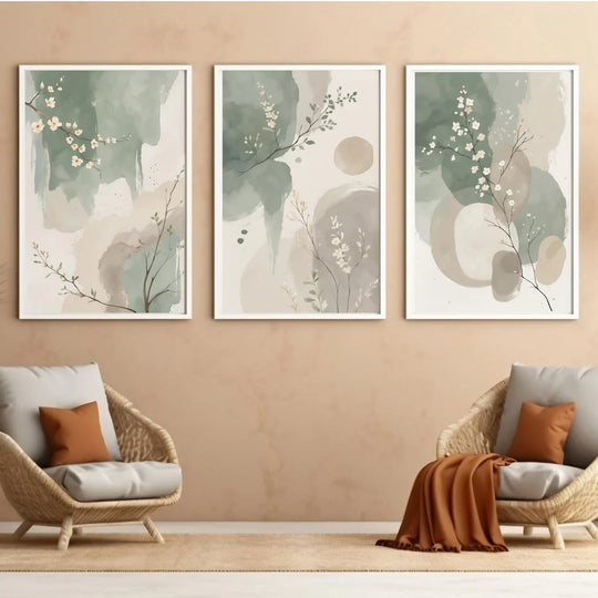 Green Beige Blossom Floral Abstract Canvas Wall Art Set