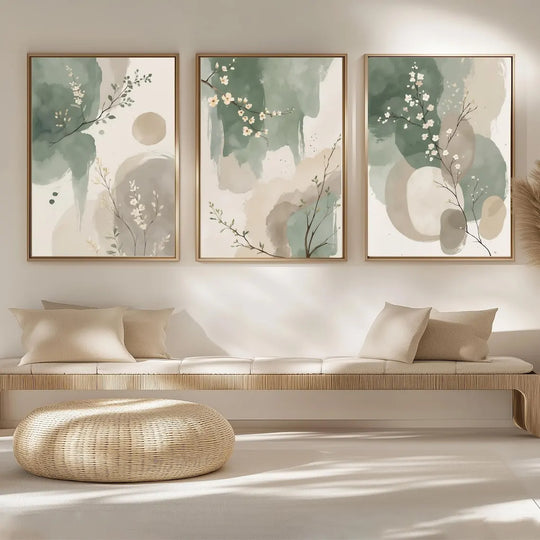 Green Beige Blossom Floral Abstract Canvas Wall Art Set