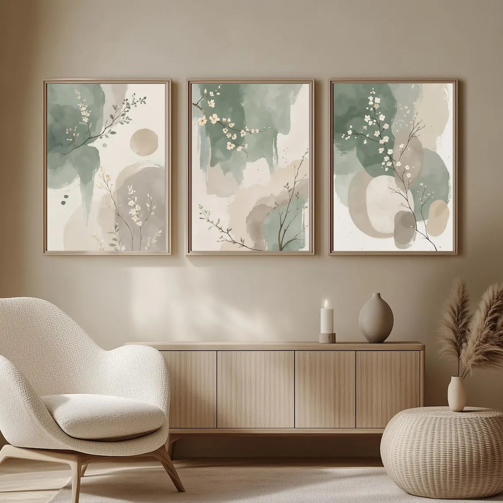 Green Beige Blossom Floral Abstract Canvas Wall Art Set