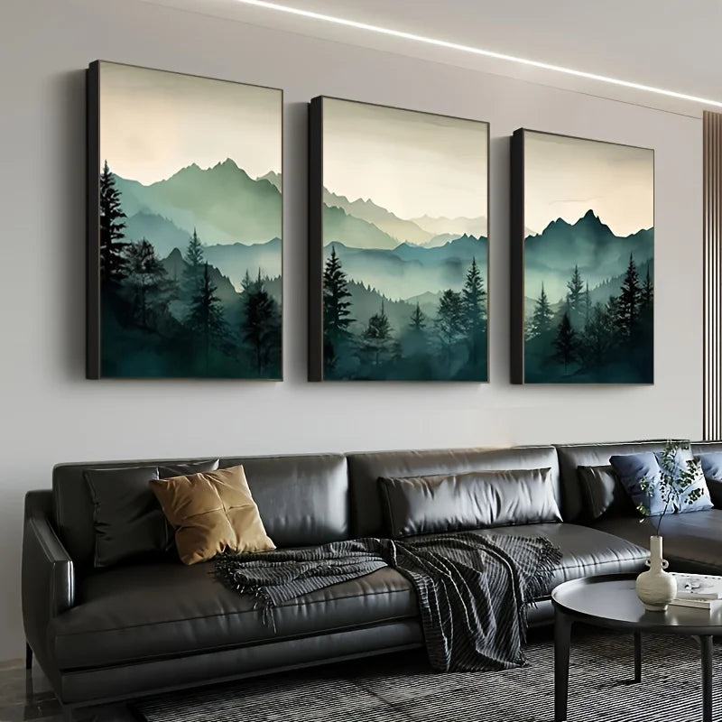 Set of 3 Green Forest Misty Landscape Canvas Wall Art Unframed