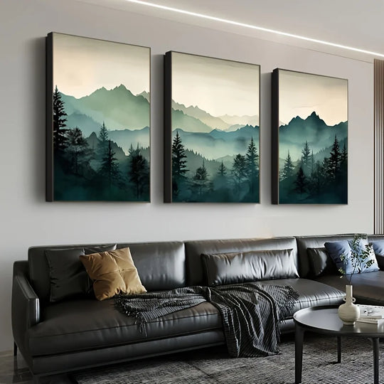 Set of 3 Green Forest Misty Landscape Canvas Wall Art Unframed