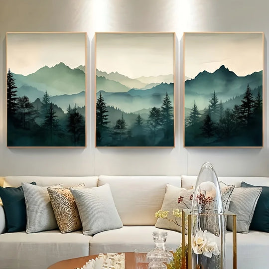 Set of 3 Green Forest Misty Landscape Canvas Wall Art Unframed