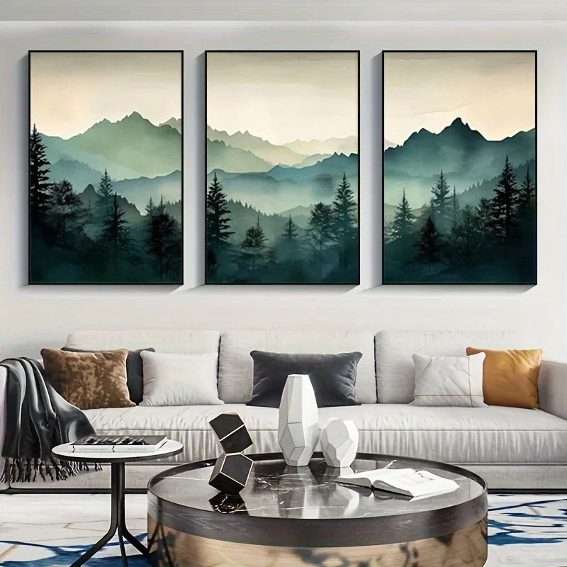 Set of 3 Green Forest Misty Landscape Canvas Wall Art Unframed