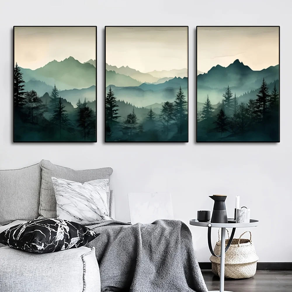 Set of 3 Green Forest Misty Landscape Canvas Wall Art Unframed