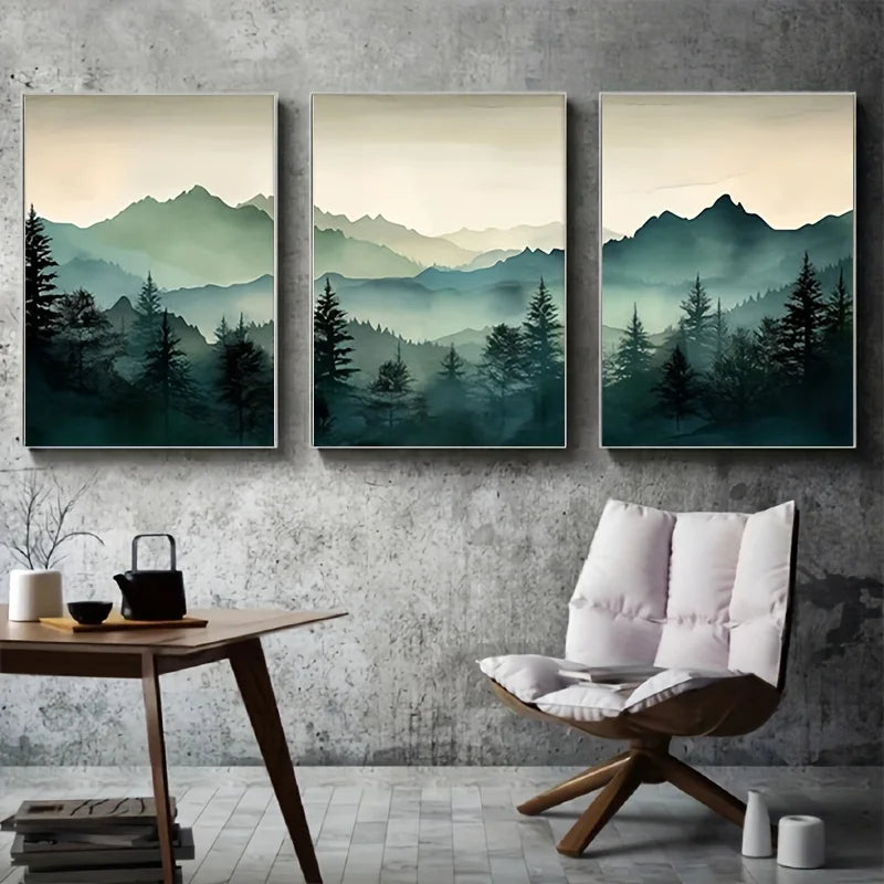 Set of 3 Green Forest Misty Landscape Canvas Wall Art Unframed