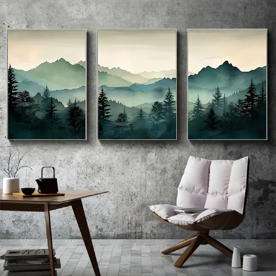 Set of 3 Green Forest Misty Landscape Canvas Wall Art Unframed