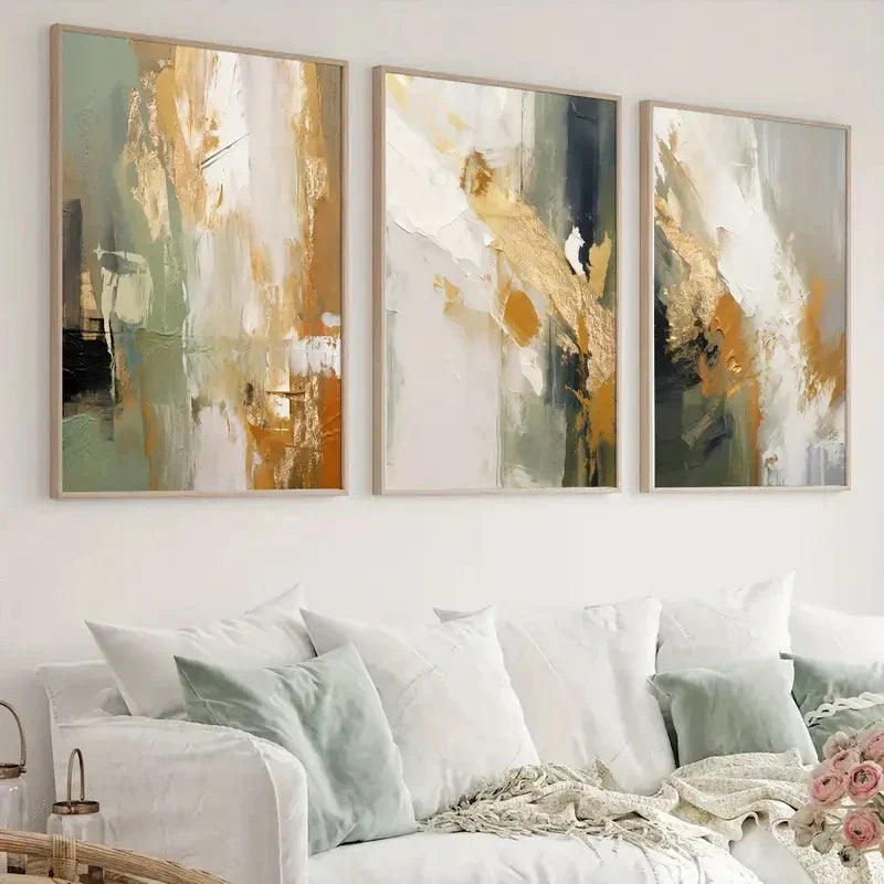 Green Golden Sunrise Abstract Canvas Wall Art Set