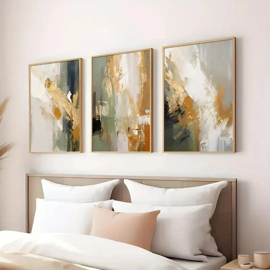 Green Golden Sunrise Abstract Canvas Wall Art Set