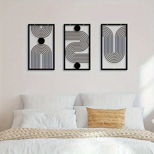 Set of 3 Abstract Geometric Black Metal Wall Art
