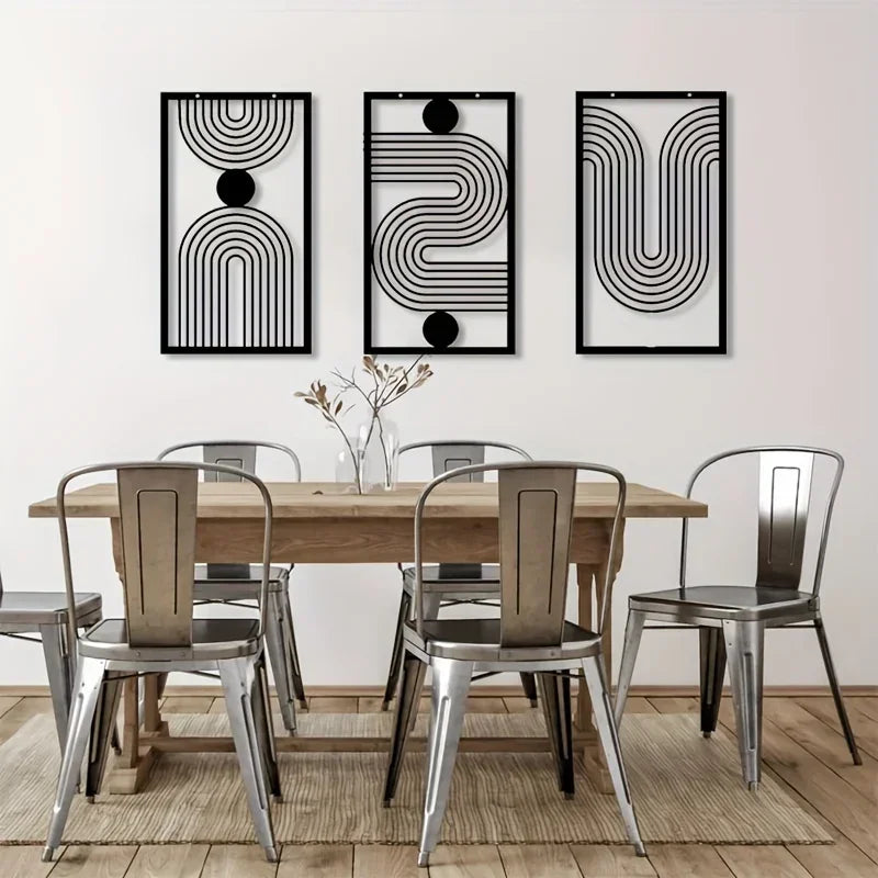Set of 3 Abstract Geometric Black Metal Wall Art