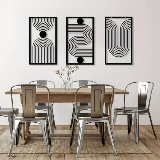 Set of 3 Abstract Geometric Black Metal Wall Art