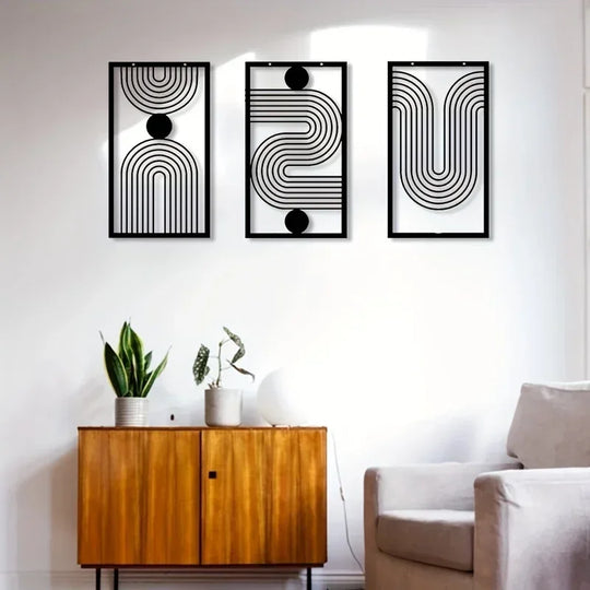 Set of 3 Abstract Geometric Black Metal Wall Art