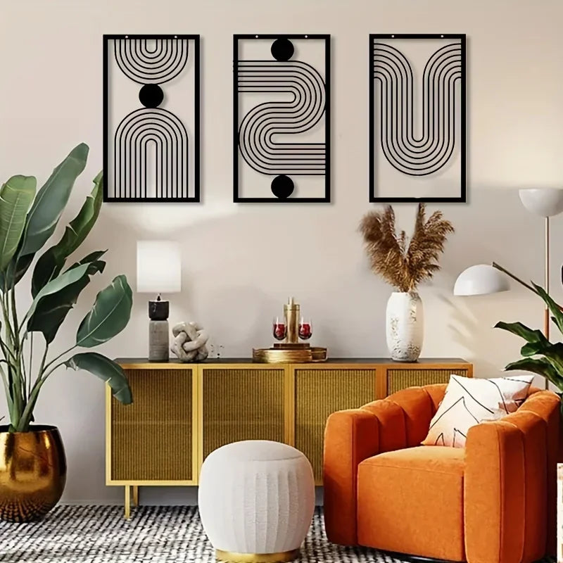 Set of 3 Abstract Geometric Black Metal Wall Art