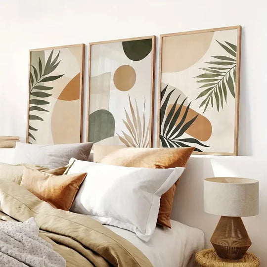 Modern Boho Beige Green Botanical Canvas Wall Art Set
