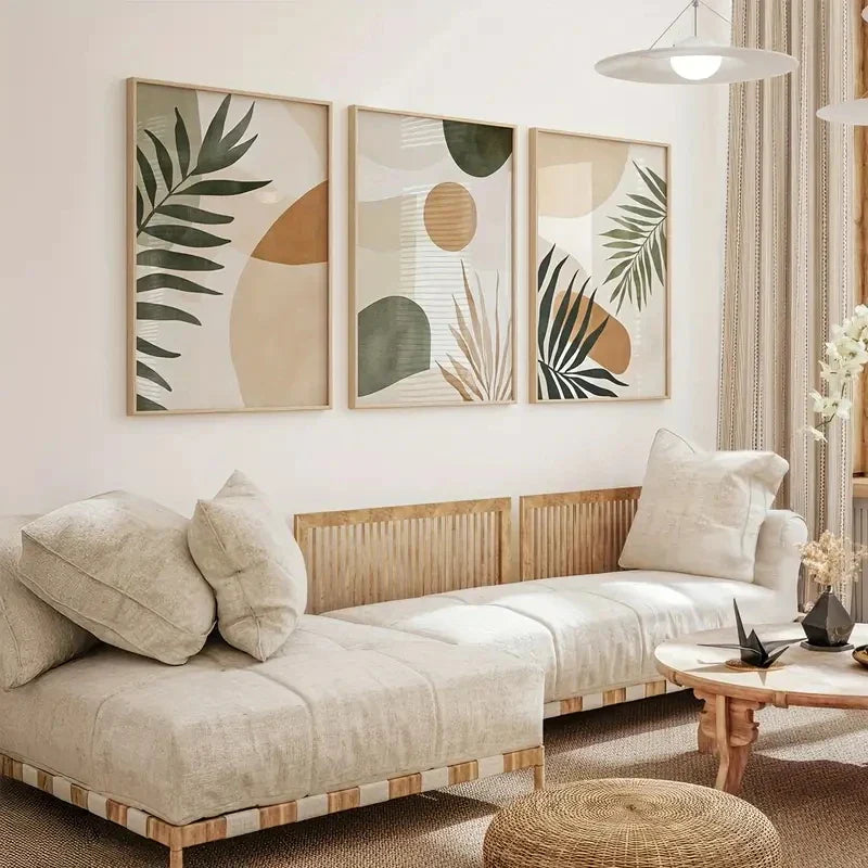 Modern Boho Beige Green Botanical Canvas Wall Art Set