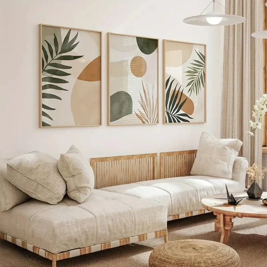 Modern Boho Beige Green Botanical Canvas Wall Art Set