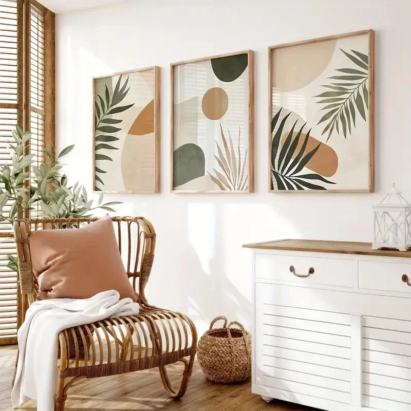 Modern Boho Beige Green Botanical Canvas Wall Art Set