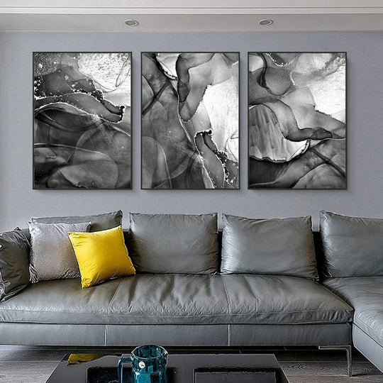 Black White Gray Liquid Marble Abstract Canvas Wall Art Set of 3