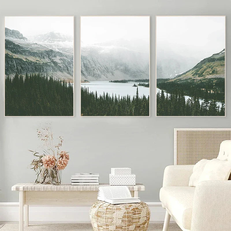 Set of 3 Mountain Lake Wilderness Canvas Wall Art
