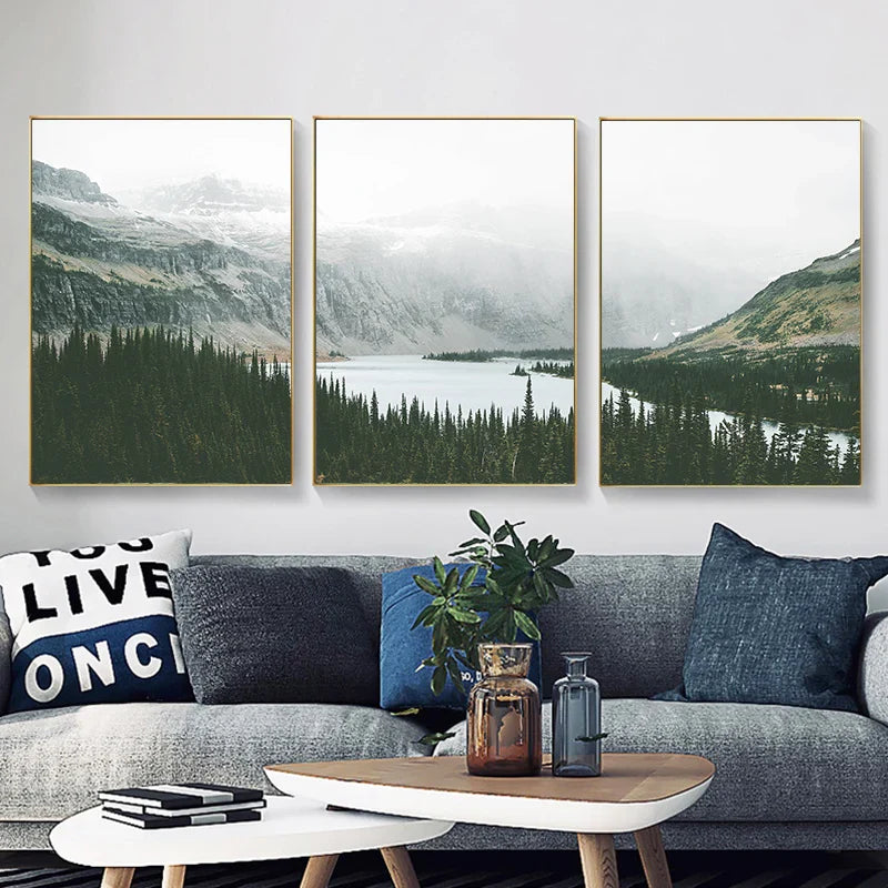 Set of 3 Mountain Lake Wilderness Canvas Wall Art
