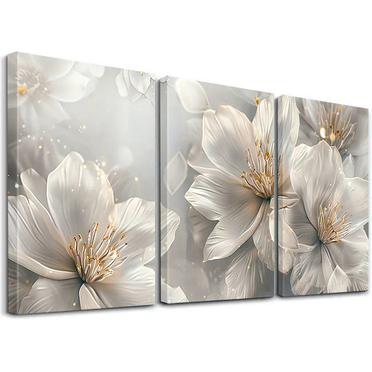 Set of 3 Neutral White Floral Abstract Canvas Wall Art