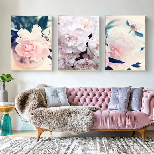 Set of 3 Pink Peony Floral Canvas Wall Art Prints