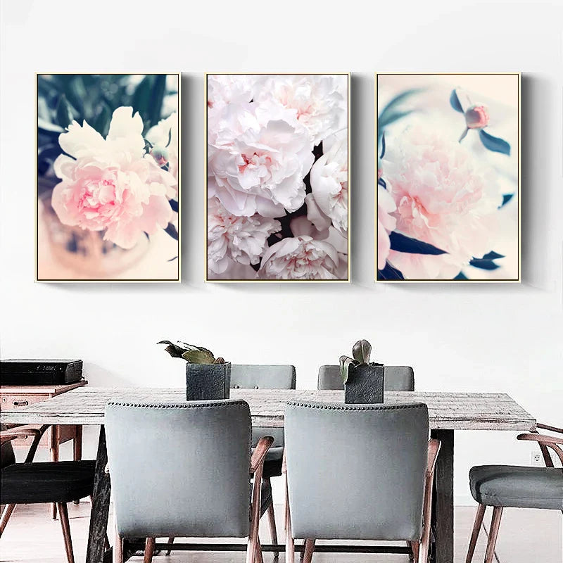 Set of 3 Pink Peony Floral Canvas Wall Art Prints