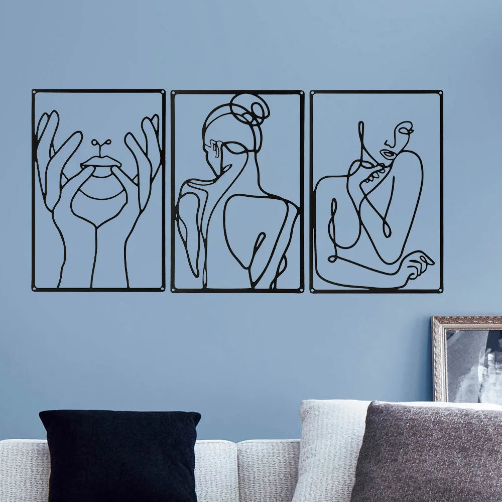 Set of 3 Lady Portrait Black Metal Wall Art