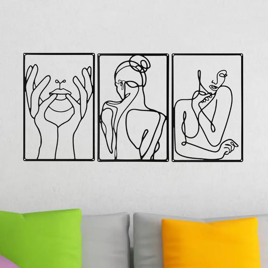 Set of 3 Lady Portrait Black Metal Wall Art