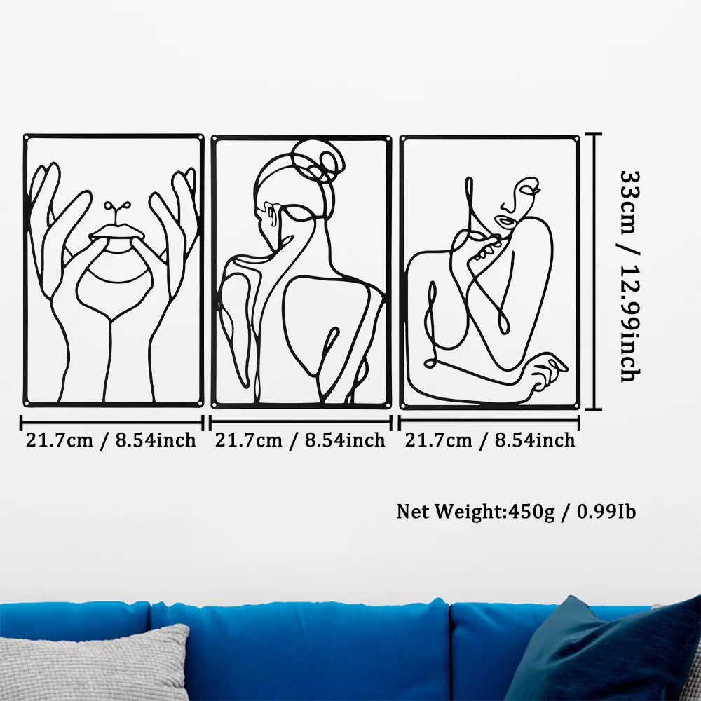 Set of 3 Lady Portrait Black Metal Wall Art