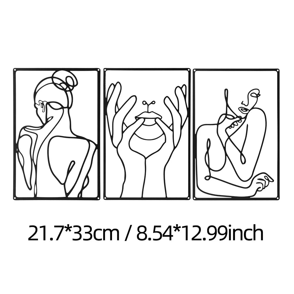 Set of 3 Lady Portrait Black Metal Wall Art