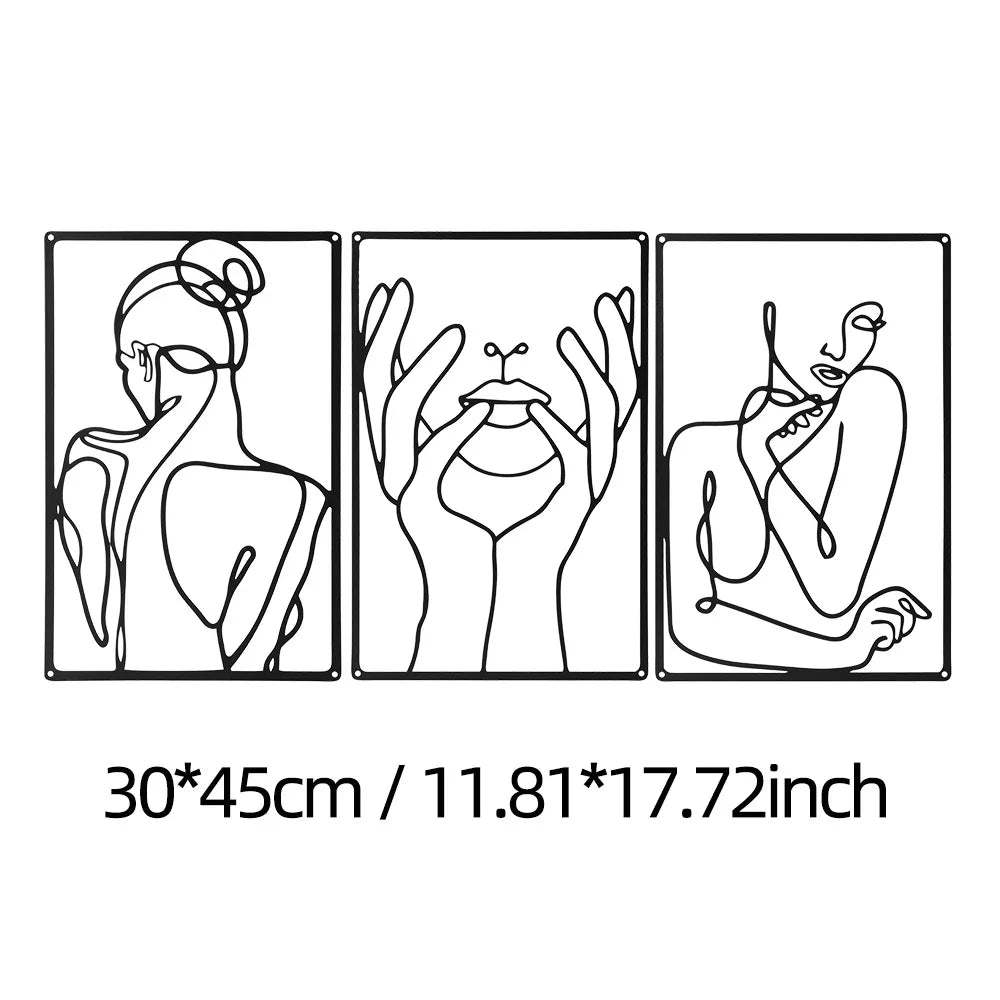 Set of 3 Lady Portrait Black Metal Wall Art