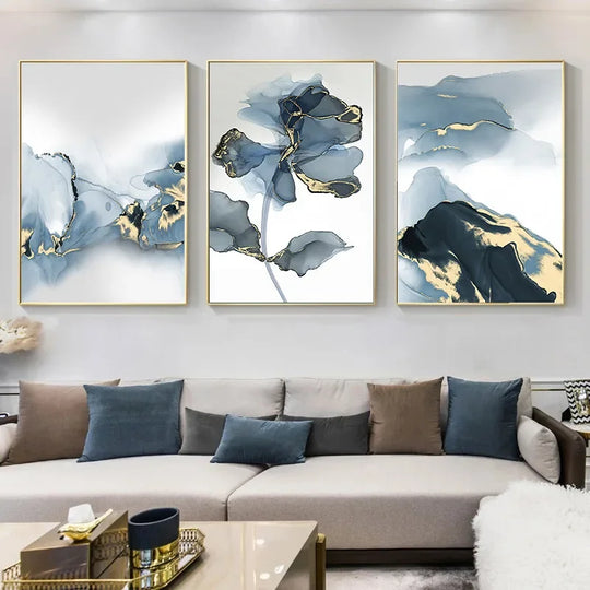 Set of 3 Blue Liquid Gold Marble Botanical Canvas Wall Art