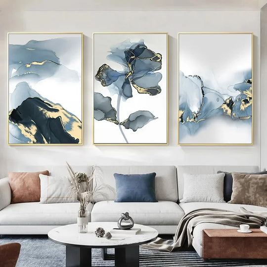 Set of 3 Blue Liquid Gold Marble Botanical Canvas Wall Art