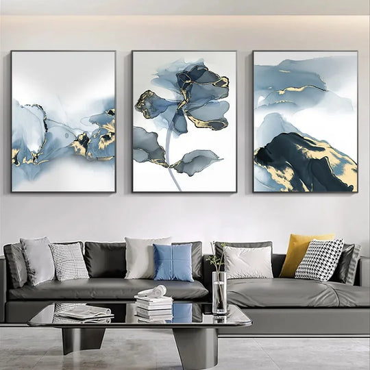 Set of 3 Blue Liquid Gold Marble Botanical Canvas Wall Art