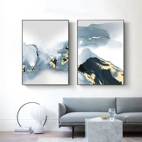 Set of 3 Blue Liquid Gold Marble Botanical Canvas Wall Art