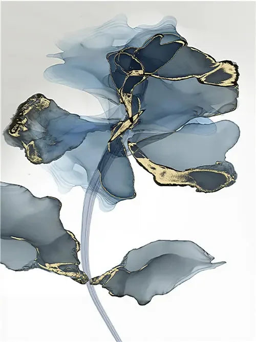 Set of 3 Blue Liquid Gold Marble Botanical Canvas Wall Art