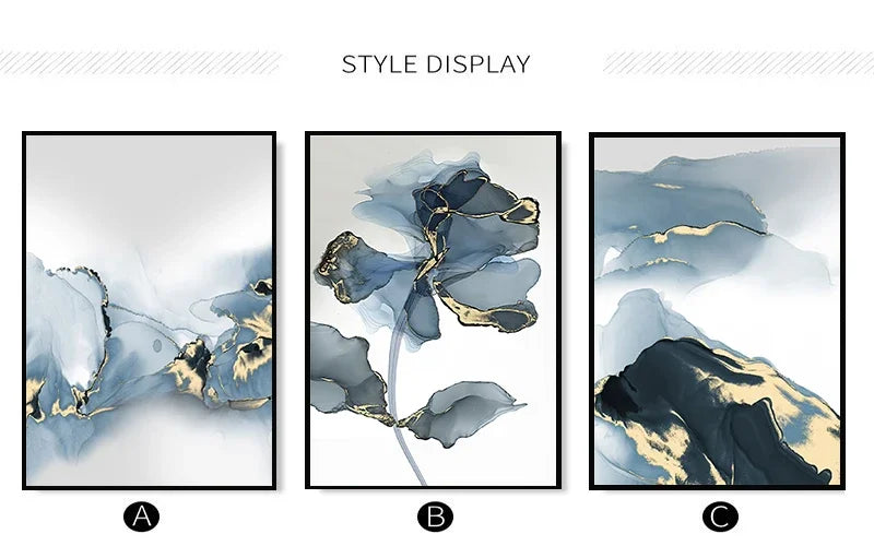 Set of 3 Blue Liquid Gold Marble Botanical Canvas Wall Art