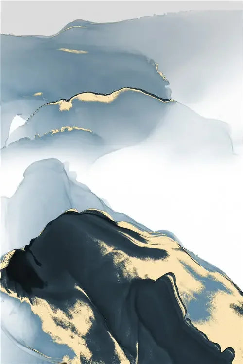 Set of 3 Blue Liquid Gold Marble Botanical Canvas Wall Art