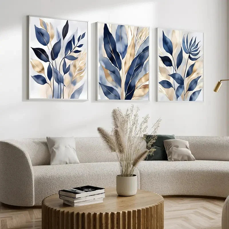 Simple Blue Beige Floral Abstract Canvas Wall Art Set of 3