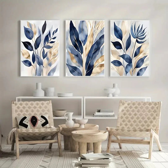Simple Blue Beige Floral Abstract Canvas Wall Art Set of 3