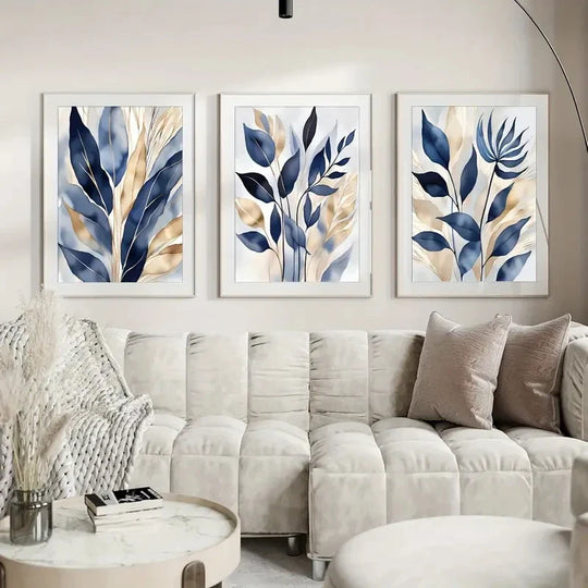 Simple Blue Beige Floral Abstract Canvas Wall Art Set of 3